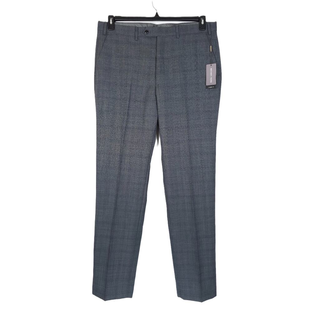 Michael Kors Mens Classic Fit Dress Pants 44x32 Grey Blue Plaid Stretch Wool NWT - Picture 2 of 6